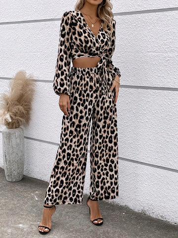 Women's Leopard Print Wrap Top And Wide Leg Pants Set