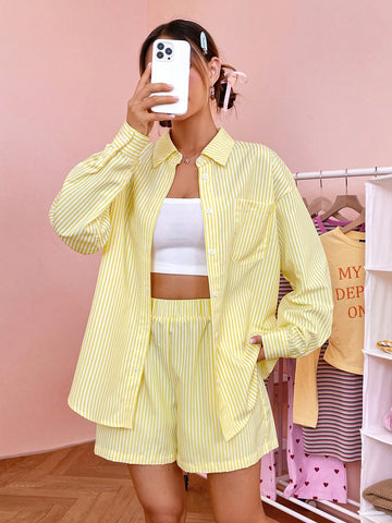 Women's Striped Patchwork Pocket Shirt And Shorts Set