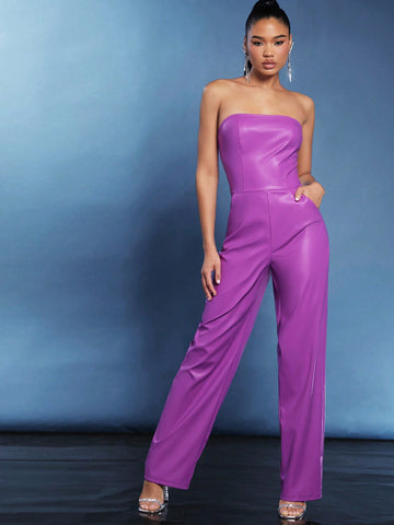 EVERGLOW Solid PU Leather Tube Jumpsuit