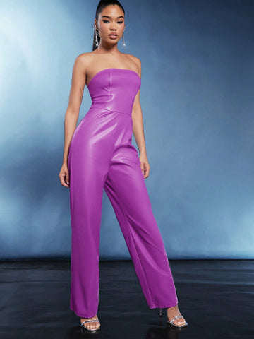EVERGLOW Solid PU Leather Tube Jumpsuit