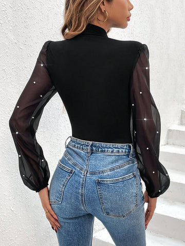 Women's Pearl & Stud Embellished Mesh Patchwork Half Turtleneck Bodysuit