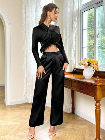 Women's Furry Hem Long-sleeved Top And Pants Two-piece Set