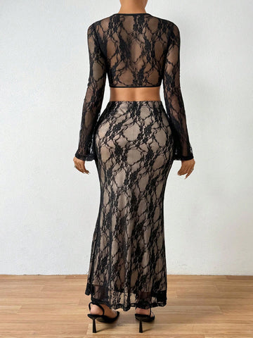 Women's Long Sleeve Turtle Neck Top And Mermaid Skirt Two Pieces Set