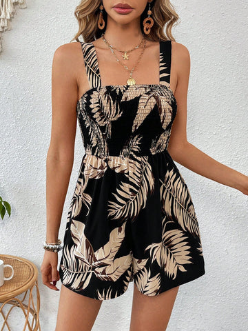 Women'S Wide Shoulder Straps Leaf Printed Romper