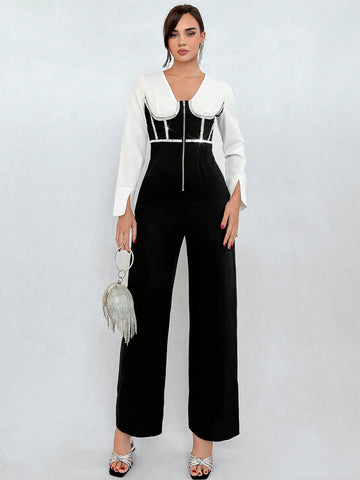 Women'S Rhinestone Embellished Contrast Color Jumpsuit With Faux Two-Piece Design
