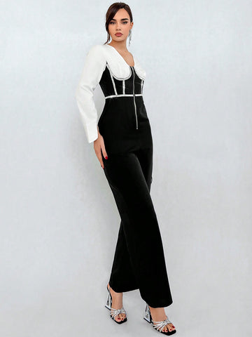 Women'S Rhinestone Embellished Contrast Color Jumpsuit With Faux Two-Piece Design
