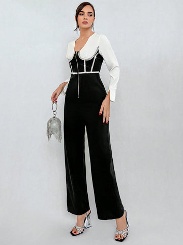 Women'S Rhinestone Embellished Contrast Color Jumpsuit With Faux Two-Piece Design