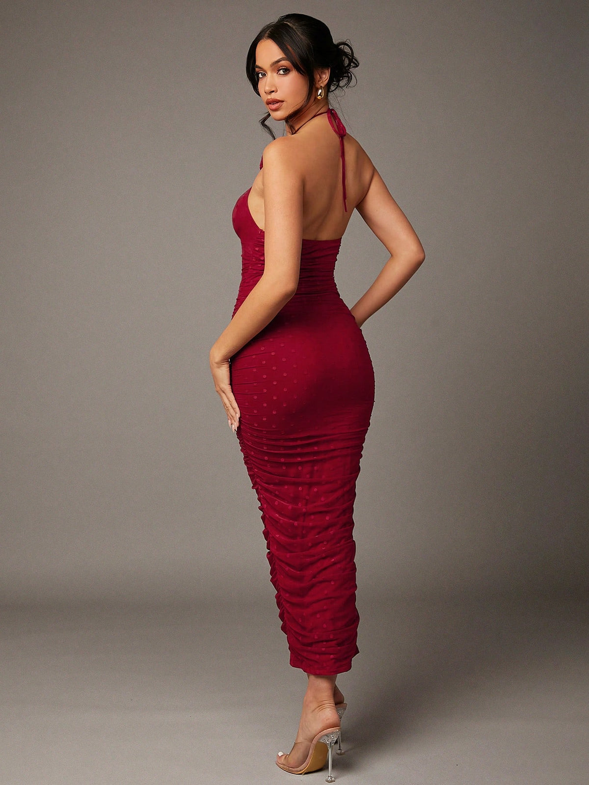 BAE Valentine's Day Dress Red Mesh Polka Dot Floral Decoration Pleated Long Halterneck Strappy Dress
