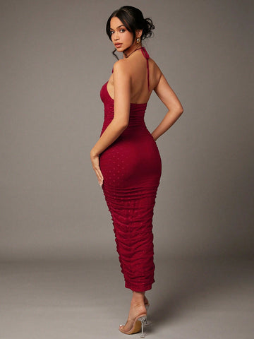 BAE Valentine's Day Dress Red Mesh Polka Dot Floral Decoration Pleated Long Halterneck Strappy Dress