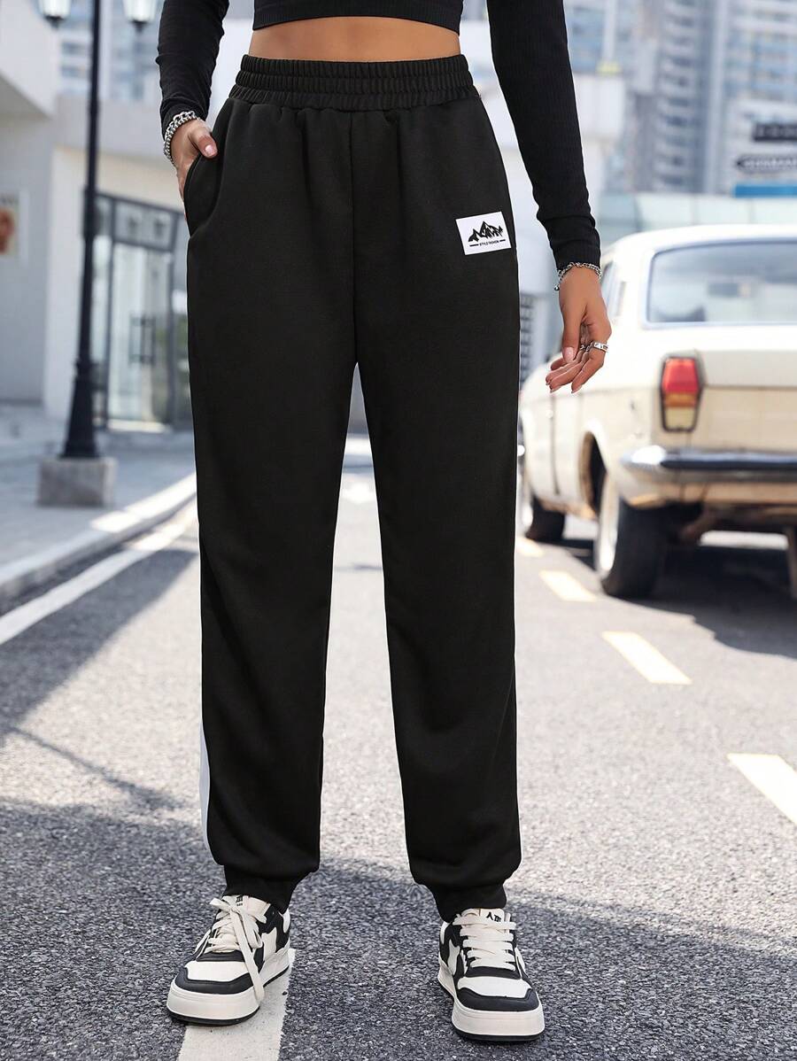 Elastic Waist Casual Pants With Diagonal Pockets