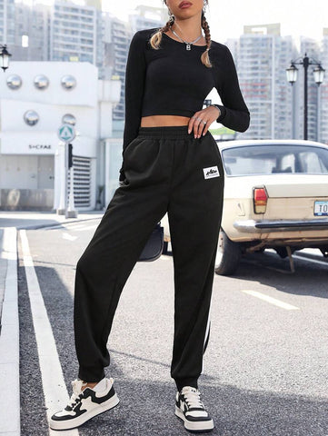 Elastic Waist Casual Pants With Diagonal Pockets