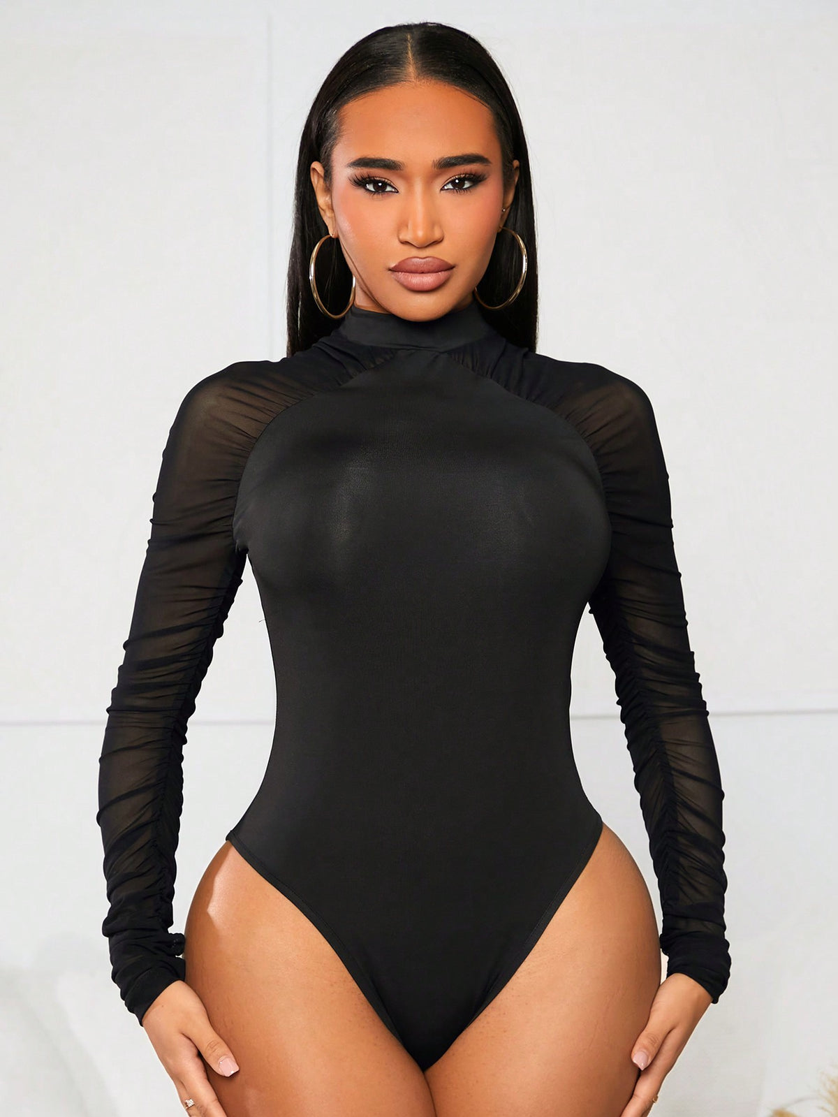 Mesh Panel Pleated High Neck Black Bodysuit