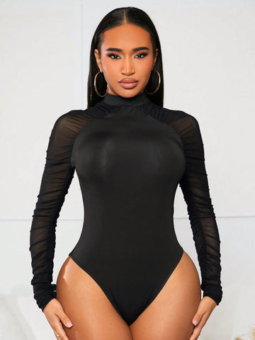 Mesh Panel Pleated High Neck Black Bodysuit