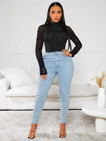 Mesh Panel Pleated High Neck Black Bodysuit