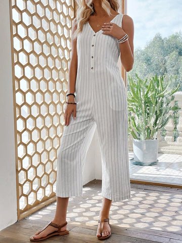 V-Neck Striped Sleeveless Jumpsuit With Hidden Pockets