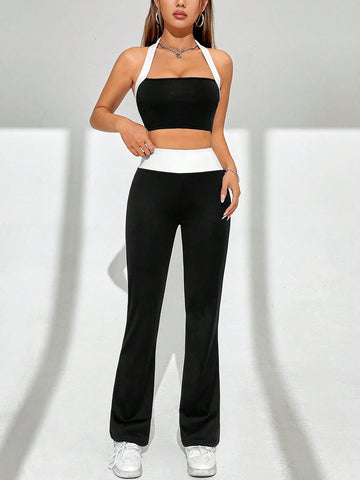 Women'S Colorblock Halterneck Two Piece Set