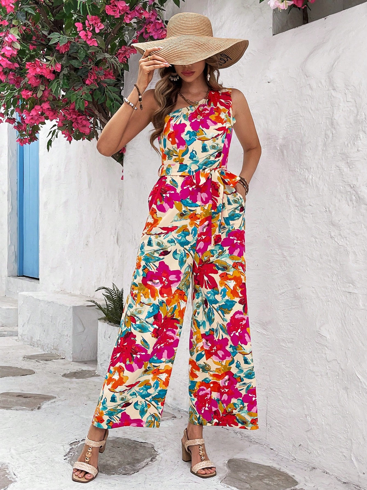 Women'S One Shoulder Floral Printed Jumpsuit With Waist Belt