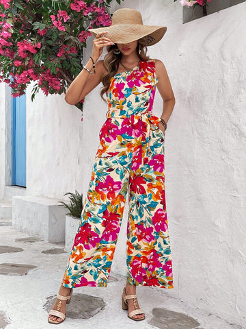 Women'S One Shoulder Floral Printed Jumpsuit With Waist Belt