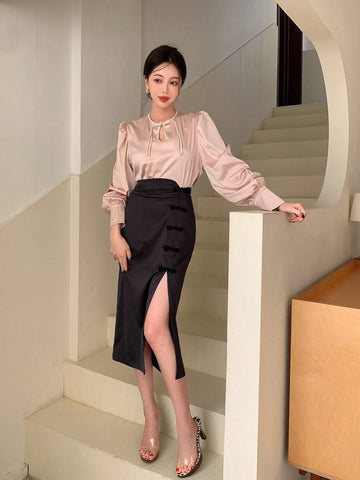 New Chinese Style Tempered Satin Color Block Cheongsam Collar Long-Sleeved Top With Buckled Skirt Dress Two-Piece Set For Women