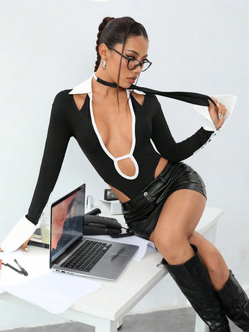 Color Block Front Placket Collared Bodysuit For Clubbing