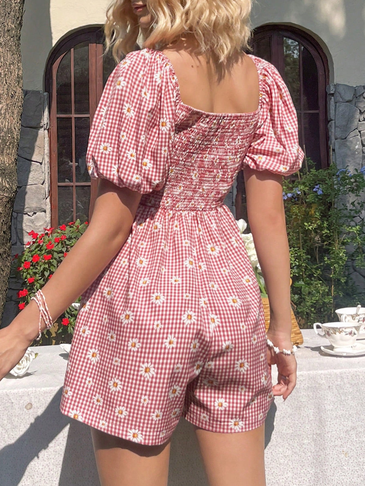 Women'S Daisy And Gingham Printed Bubble Short Sleeve Romper