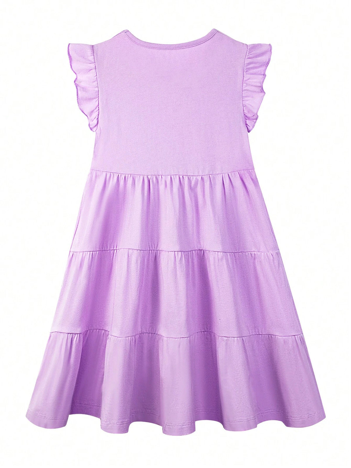 Young Girl Summer Purple Round Neck Flare Sleeve Layered Patchwork Casual Soft Comfortable Breathable Solid Color Dress