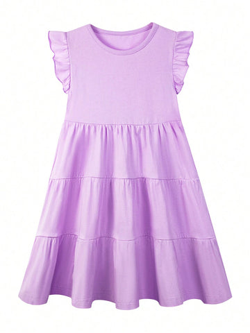 Young Girl Summer Purple Round Neck Flare Sleeve Layered Patchwork Casual Soft Comfortable Breathable Solid Color Dress