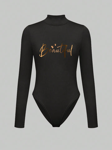 Letter Print Stand Collar Bodysuit