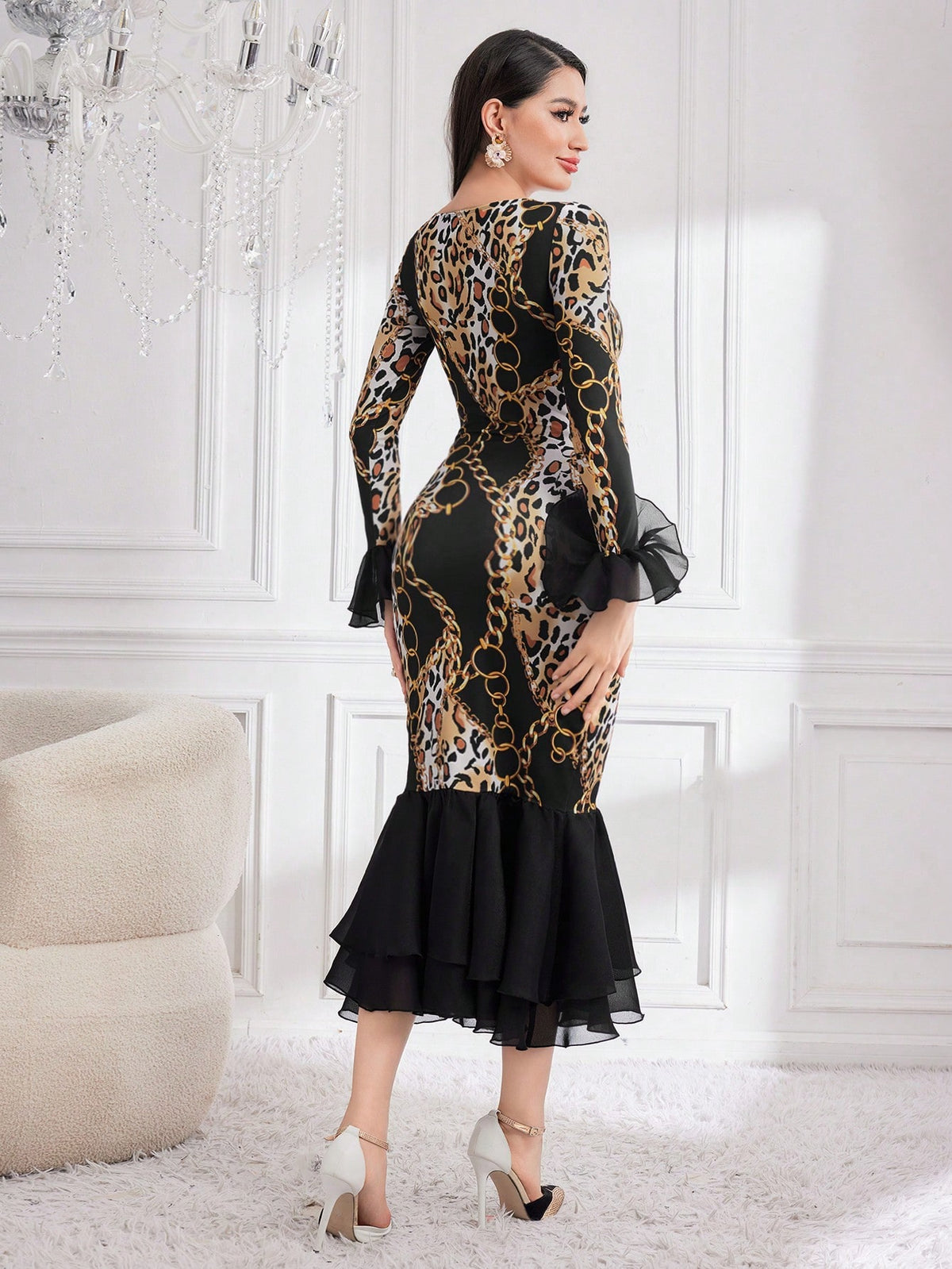Women'S Leopard Print Chain Floral High Low Hem Dress