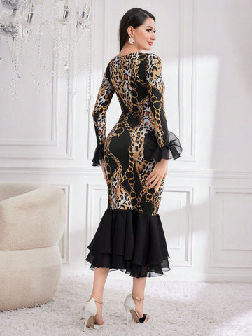 Women'S Leopard Print Chain Floral High Low Hem Dress