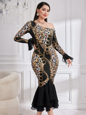 Women'S Leopard Print Chain Floral High Low Hem Dress