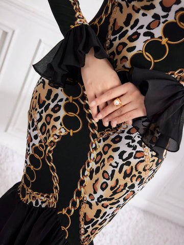 Women'S Leopard Print Chain Floral High Low Hem Dress