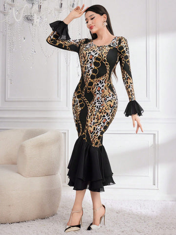 Women'S Leopard Print Chain Floral High Low Hem Dress
