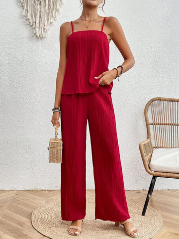 Women'S Two Piece Set - Solid Color Textured Cami Top & Wide Leg Pants