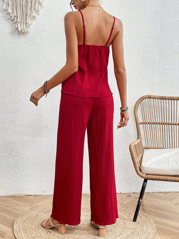 Women'S Two Piece Set - Solid Color Textured Cami Top & Wide Leg Pants