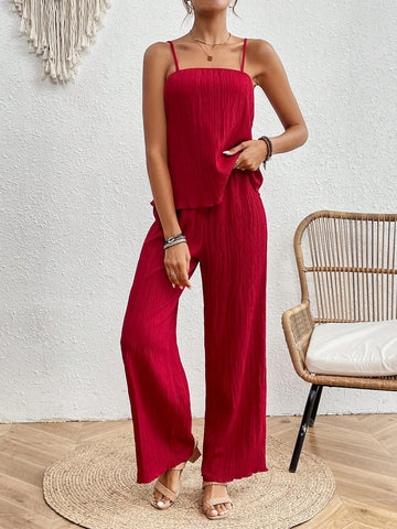 Women'S Two Piece Set - Solid Color Textured Cami Top & Wide Leg Pants