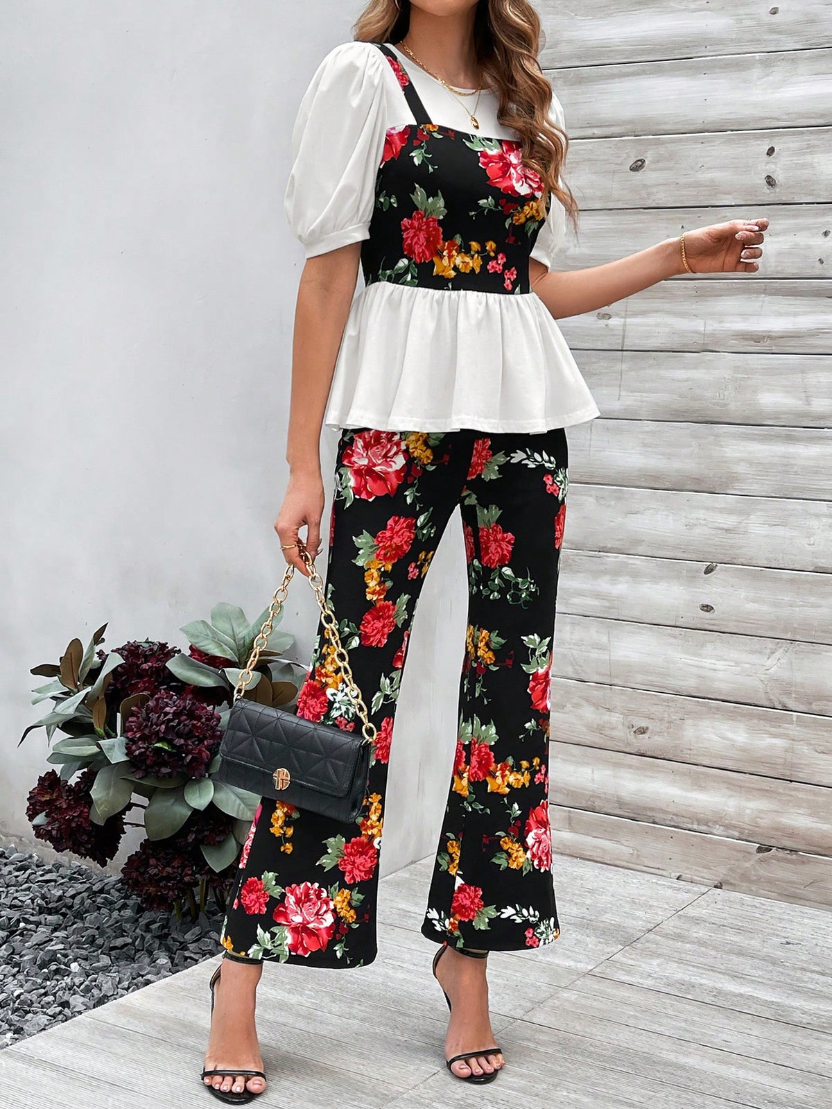 Floral Printed Puff Short Sleeve 2 In 1 Top And Pants Set