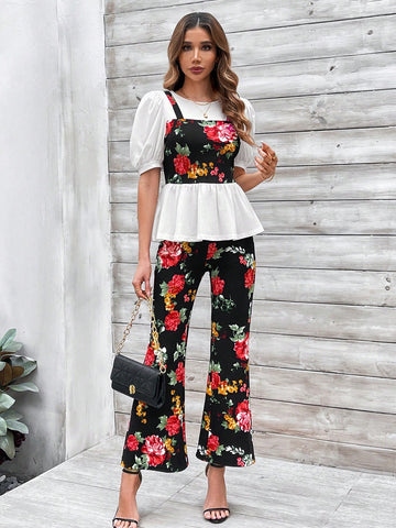 Floral Printed Puff Short Sleeve 2 In 1 Top And Pants Set