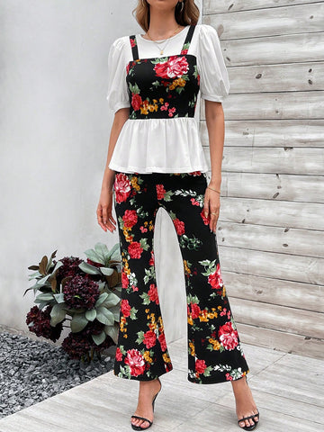 Floral Printed Puff Short Sleeve 2 In 1 Top And Pants Set