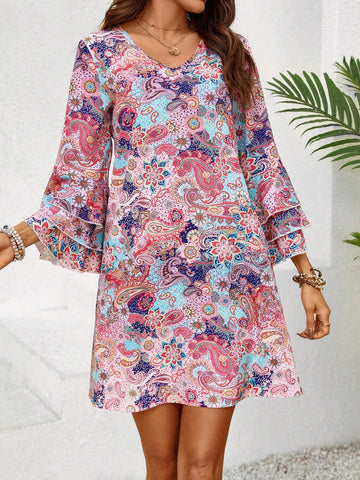 Full Print Tiered Sleeve Dress With Paisley Pattern