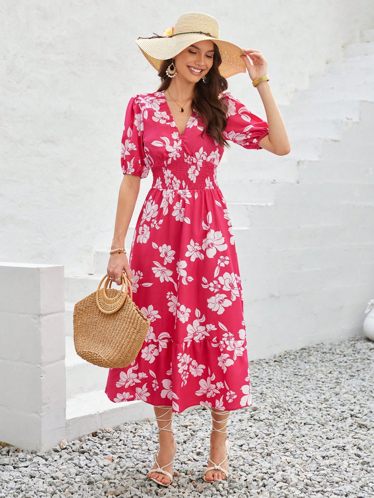 Floral Printed Short Sleeve Ladies' Dress