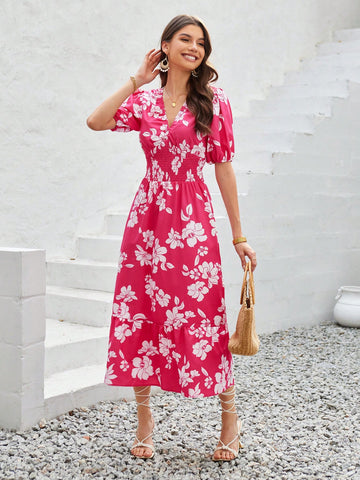 Floral Printed Short Sleeve Ladies' Dress