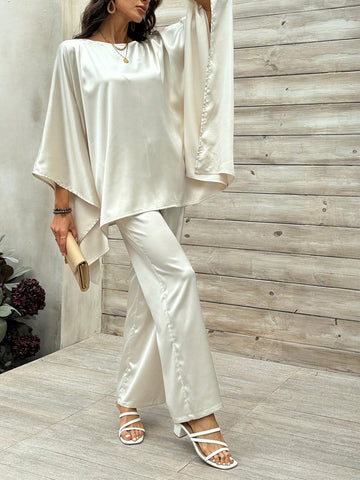 Women'S Batwing Sleeve Asymmetrical Hem Top And Pants Outfit Set