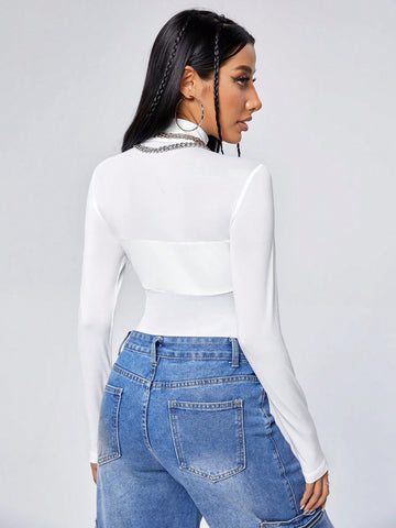Women'S Stand Collar Sheer Mesh Insert Long Sleeve Bodysuit