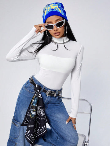 Women'S Stand Collar Sheer Mesh Insert Long Sleeve Bodysuit