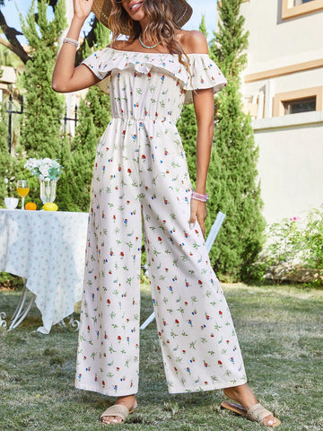 Floral Print Vacation Style Off Shoulder Jumpsuit For Women Country
