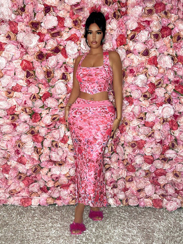 Valentine's Day Rose Printed Cross Strap Tank Top And High Low Hem Skirt Set