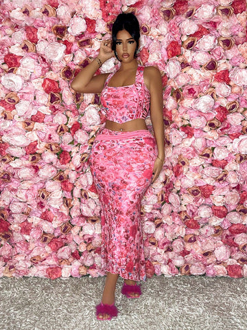 Valentine's Day Rose Printed Cross Strap Tank Top And High Low Hem Skirt Set
