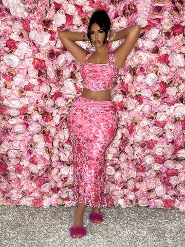 Valentine's Day Rose Printed Cross Strap Tank Top And High Low Hem Skirt Set