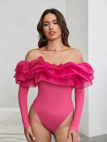 Ruffle Sleeve & Lace-Up Decoration Off Shoulder Slim Fit Bodysuit